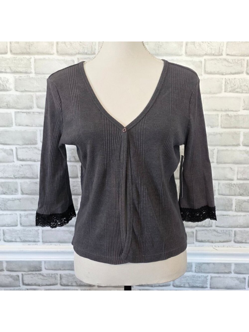 City Unlimited Gray Ribbed Knit Cardigan XL NWT Whimsigoth Lace Sleeve Romantic